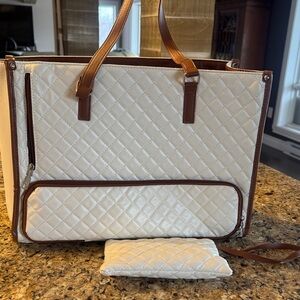 Quilted White Tote Bag with Brown Trim - Stylish Women's Handbag